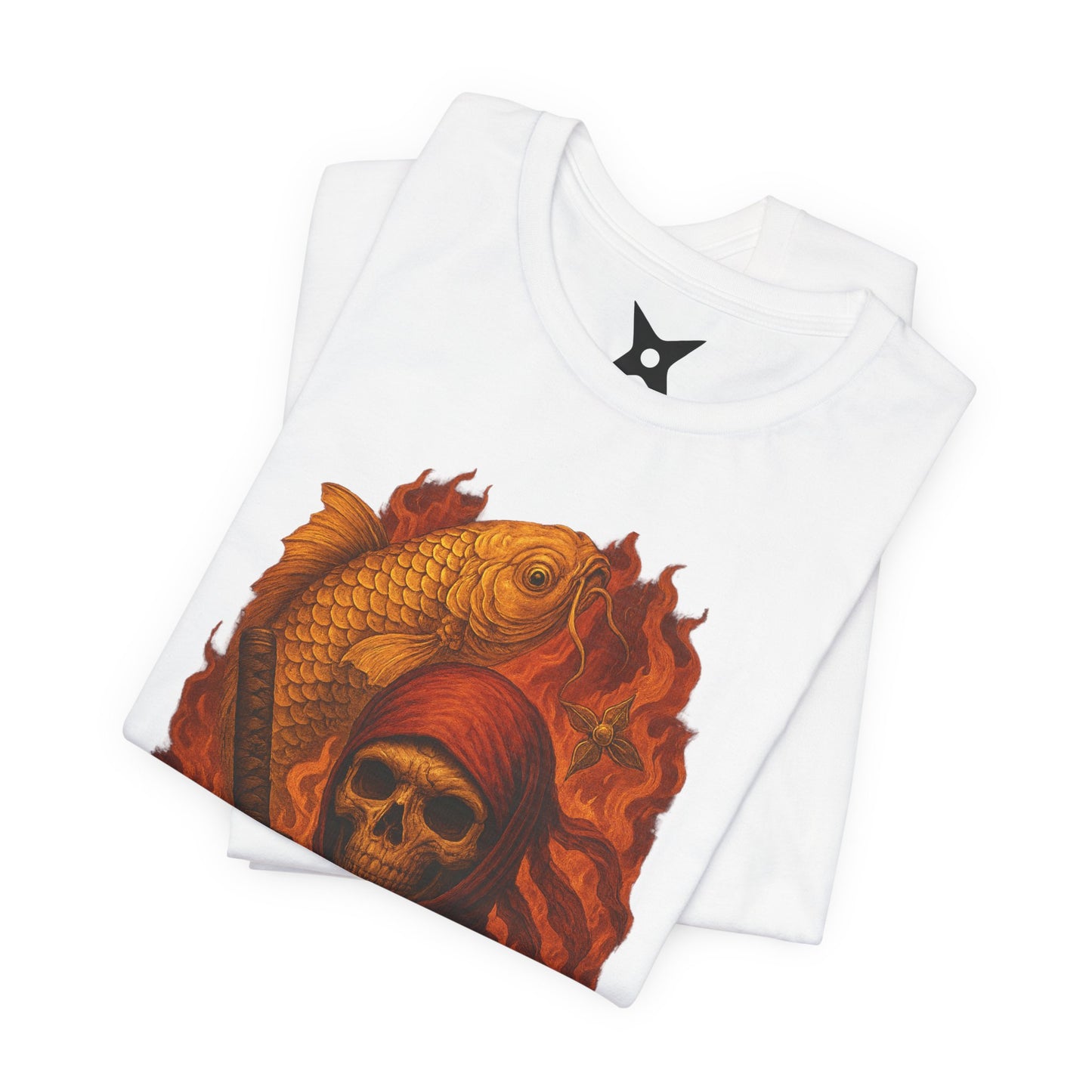 i, High-Detail Gothic Warrior TeDark Red Ninja Skull T-Shirt-Japanese Horror Art, Skeleton Ninja with Golden Koe, Unisex Streetwear