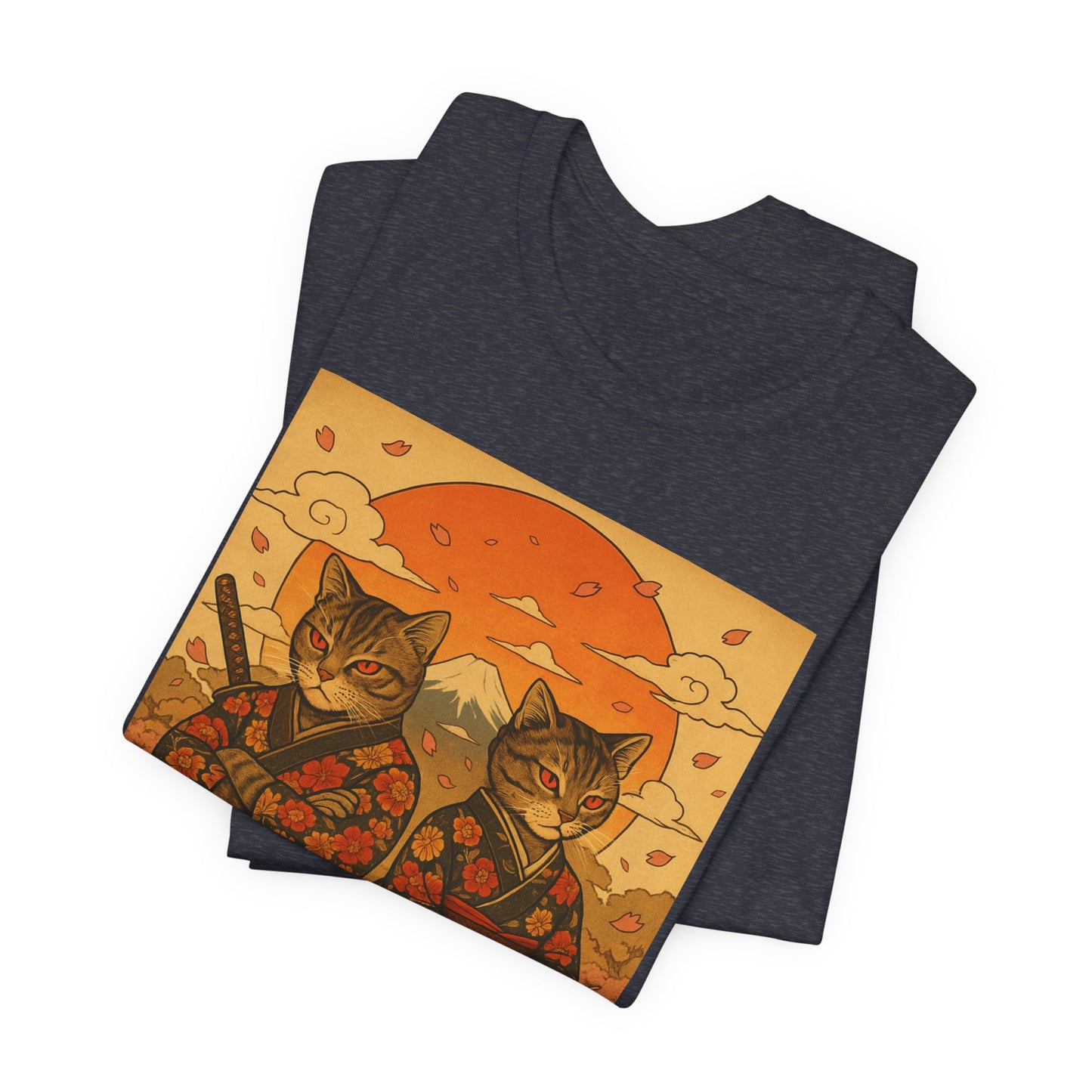 Samurai Cat T-Shirt - Floral Kimono Warrior with Katana | Japanese Ukiyo-e Style, Cherry Blossoms & Mount Fuji | Bold Cat Art Tee