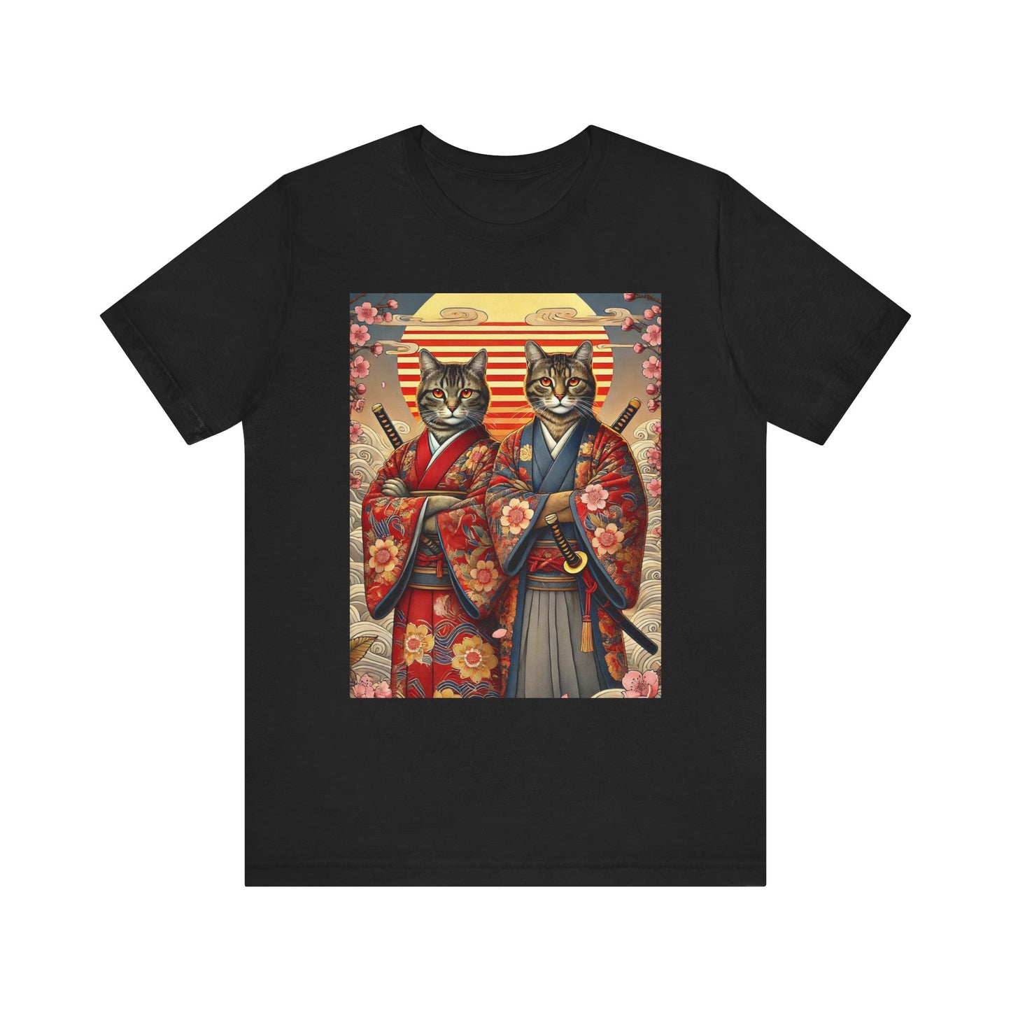 Samurai Cat T-Shirt - Floral Kimono Warrior with Katana | Japanese Ukiyo-e Style, Cherry Blossoms & Mount Fuji | Bold Cat Art Tee