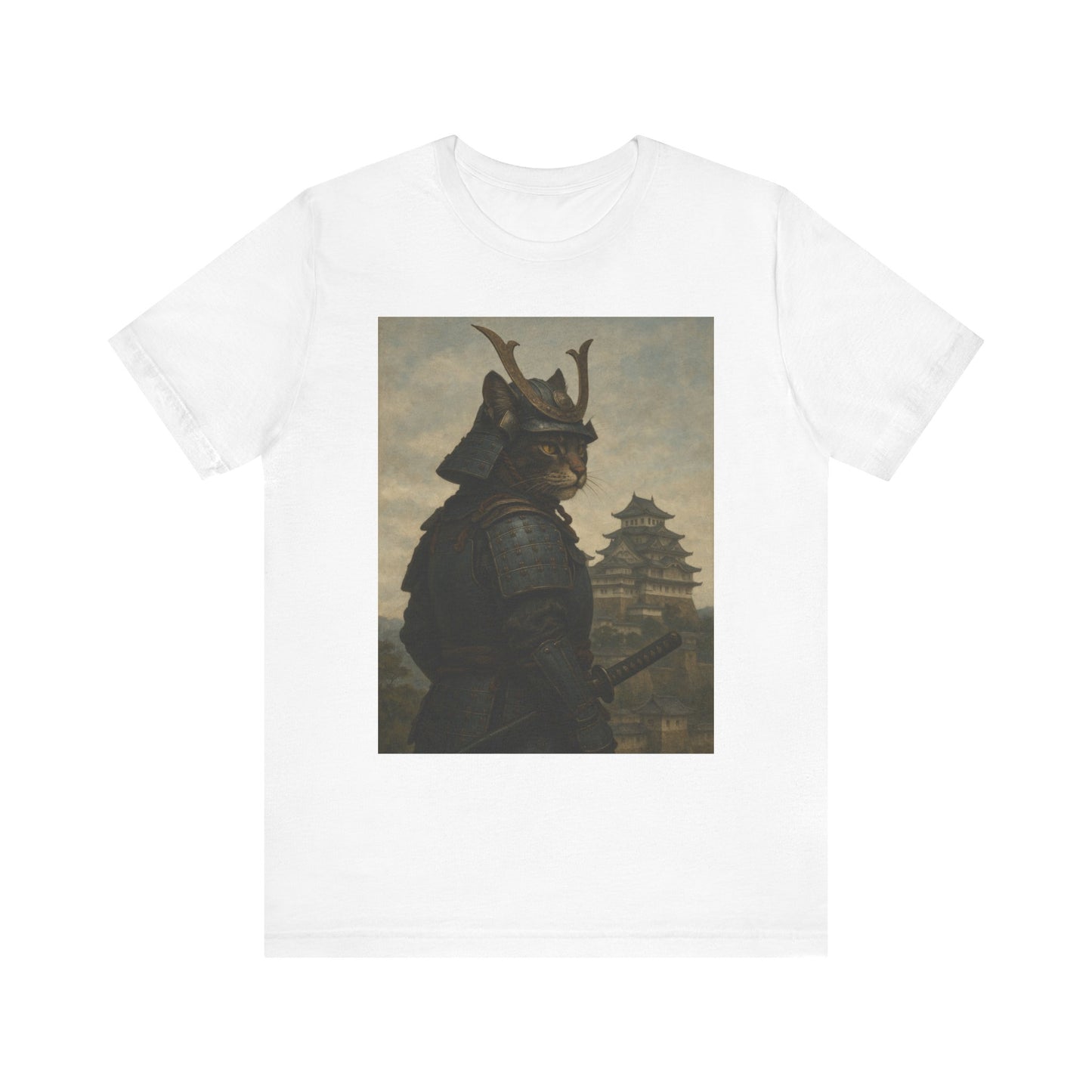 Cat Samurai Vigil Tee | Armored Feline Warrior w/ Castle Backdrop | Japanese Art Unisex Shirt