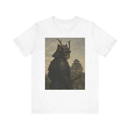 Cat Samurai Vigil Tee | Armored Feline Warrior w/ Castle Backdrop | Japanese Art Unisex Shirt