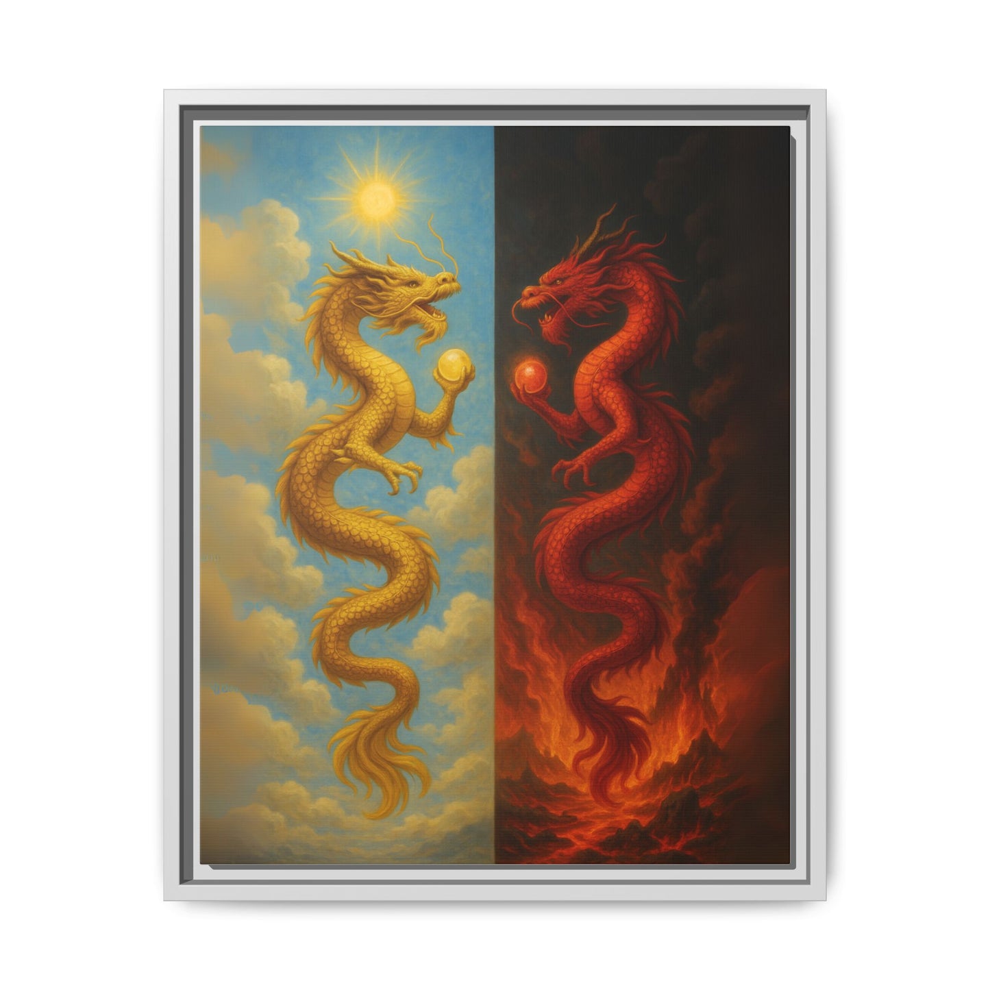 Heaven and Hell Twin Dragons Canvas Feng Shui Wall Art Gold and Red Dragon Pearls Sun and Fire Yin Yang Good Luck Decor Gift for Dad
