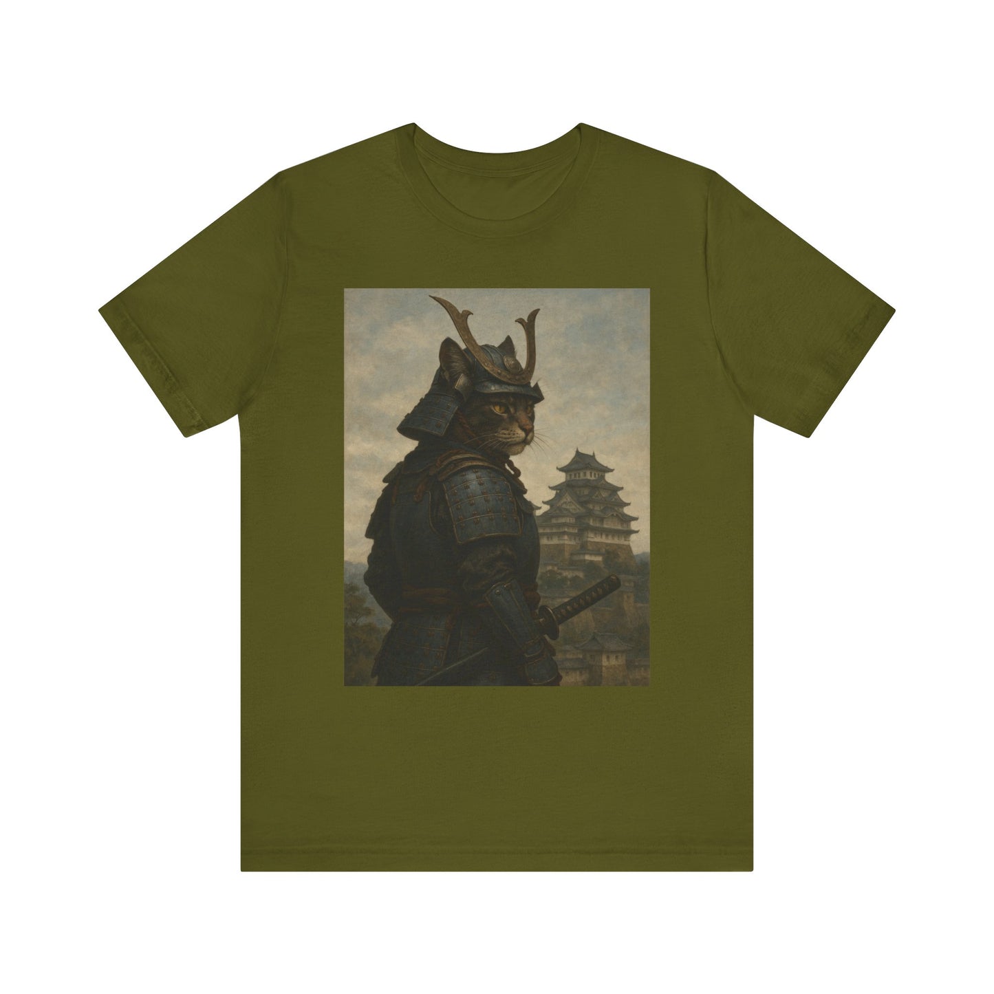 Cat Samurai Vigil Tee | Armored Feline Warrior w/ Castle Backdrop | Japanese Art Unisex Shirt