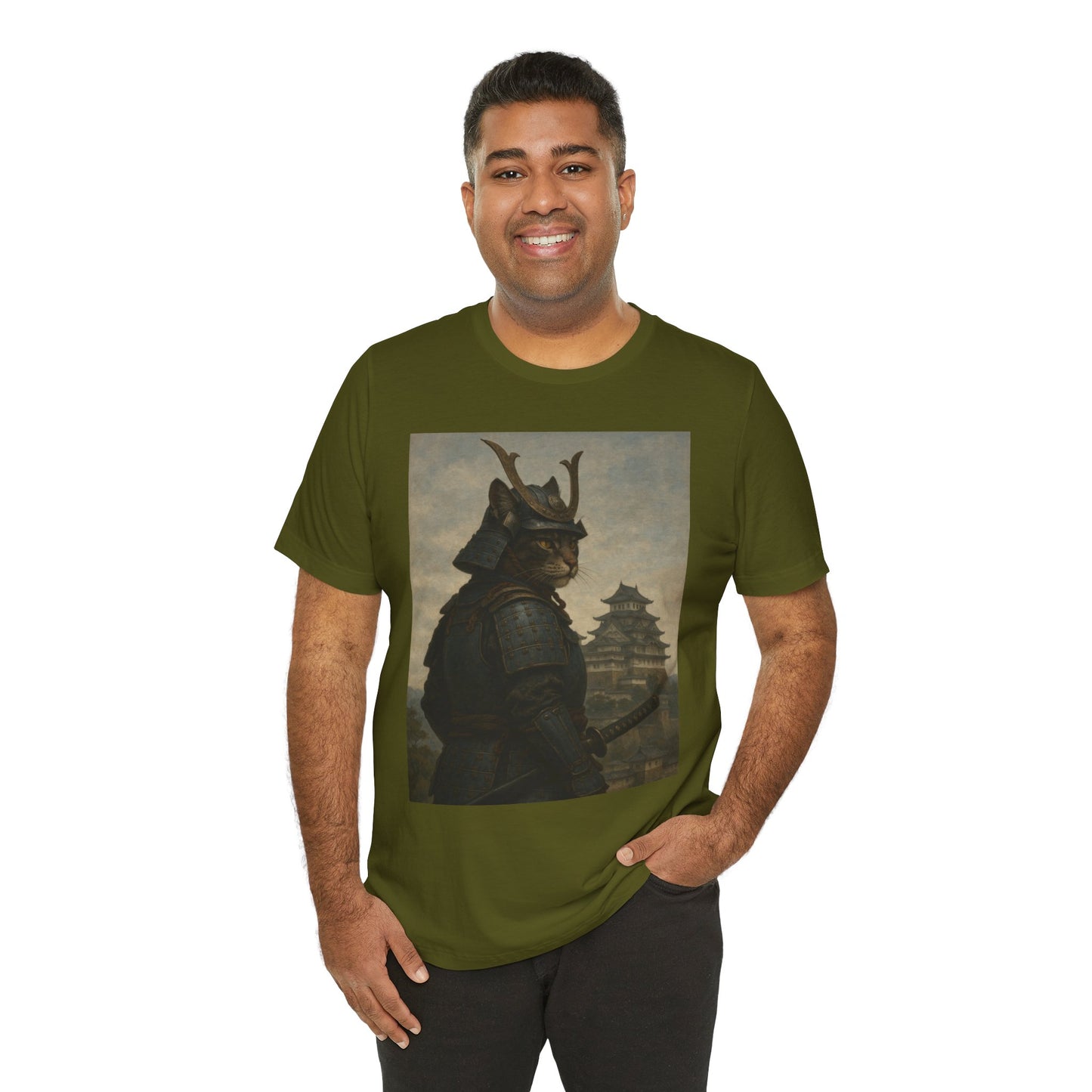 Cat Samurai Vigil Tee | Armored Feline Warrior w/ Castle Backdrop | Japanese Art Unisex Shirt