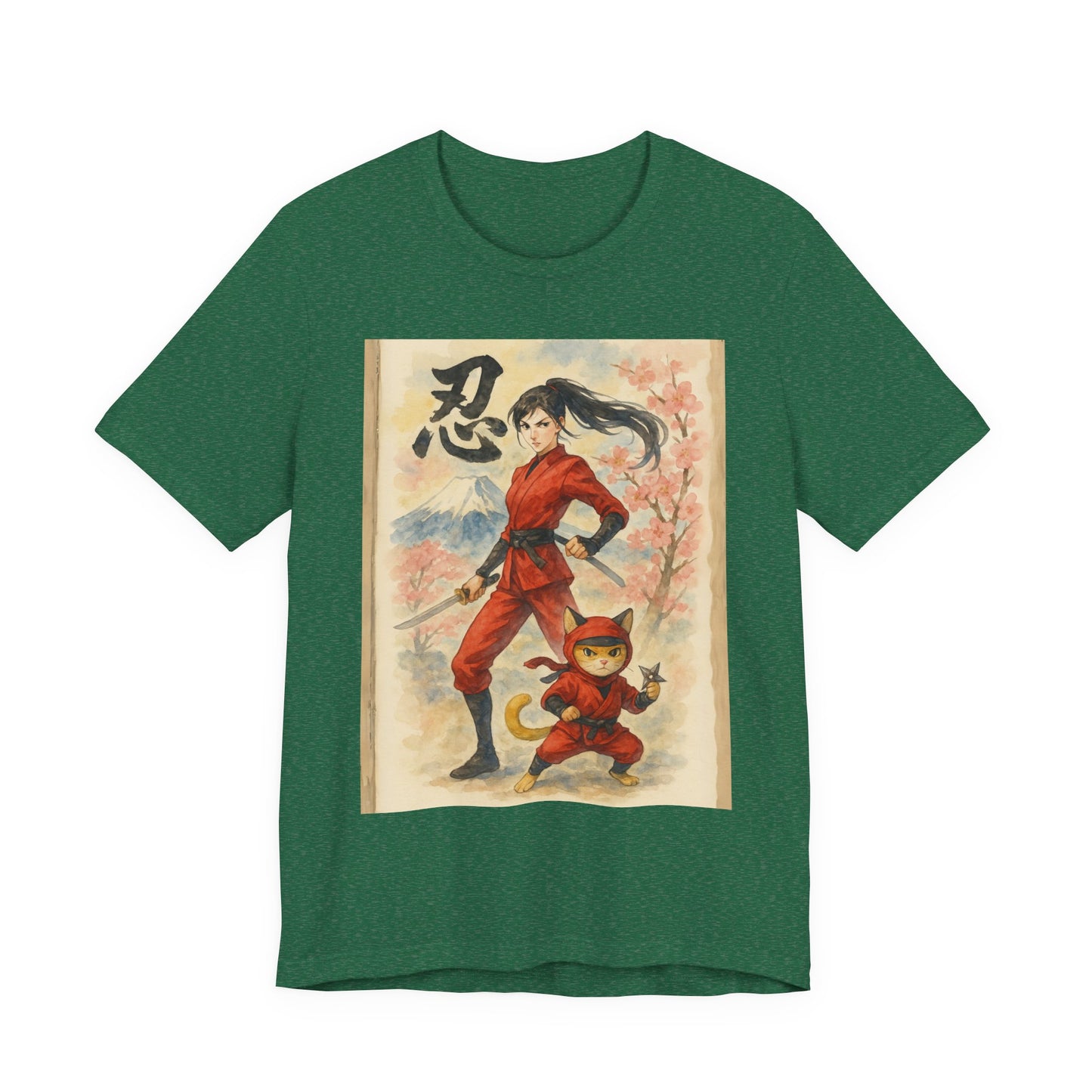 Ninja and Cat Watercolor T-Shirt - Female Ninja in Red Outfit with Katana-Kanji Art, Mount Fuji, Cherry Blossoms - Cool Unise x Japanese Tee