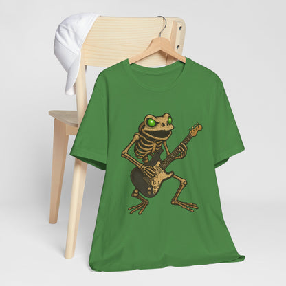 Skeleton Frog Shredding Electric Guitar Tee - Glowing Green Eyes Rock Art Shirt for Musicians Frog Lovers and Gothic Punk Style