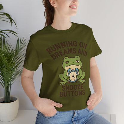 Running on Dreams and Snooze Buttons Shirt Sleepy Frog Tee Funny Night Owl Top Great Dad Gift Cozy Loungewear Aesthetic