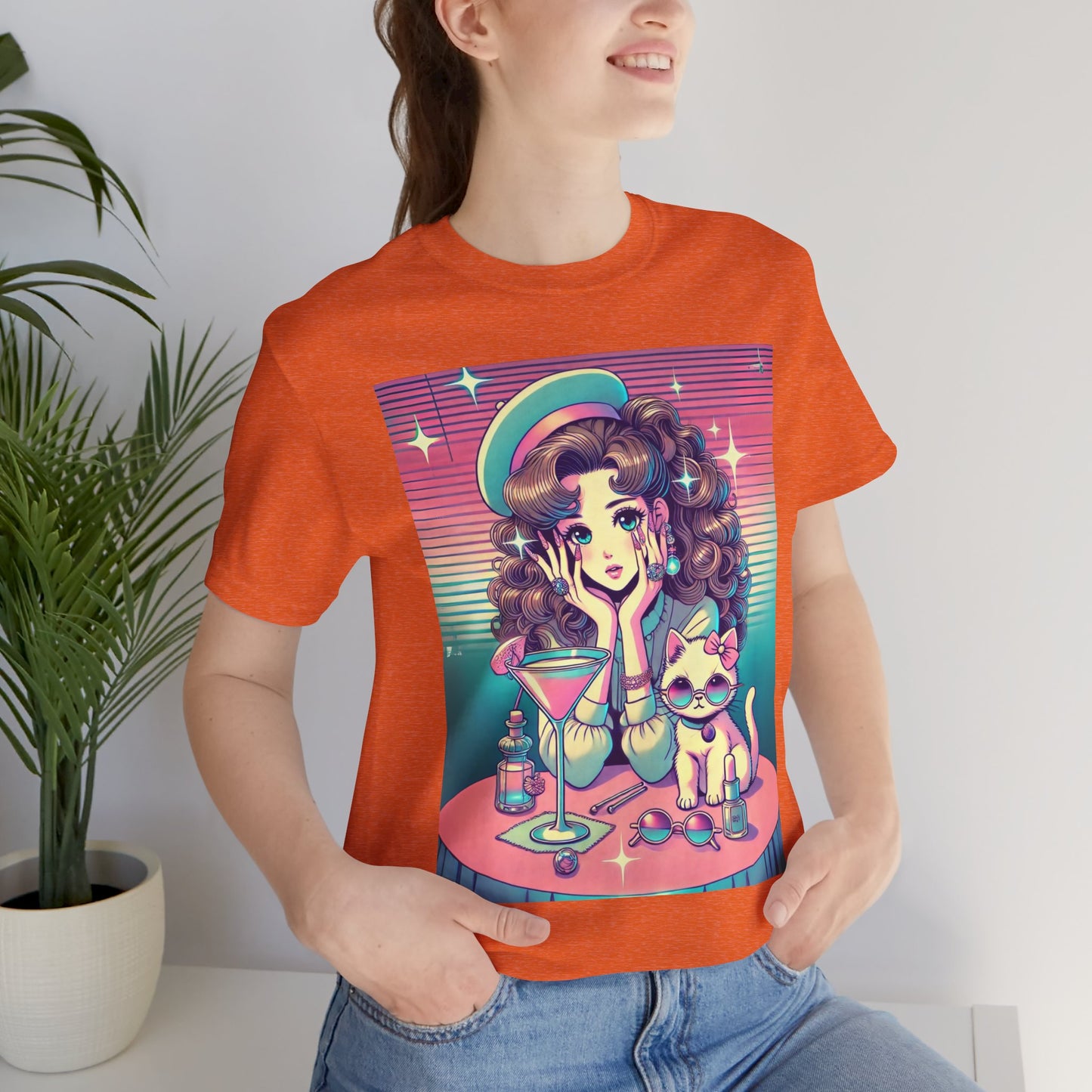 Retro Girl and Cat Graphic Tee Vaporwave Pastel Aesthetic Cocktail Lounge 80s Inspired Shoujo Style T Shirt Gift for Daughter or Dad