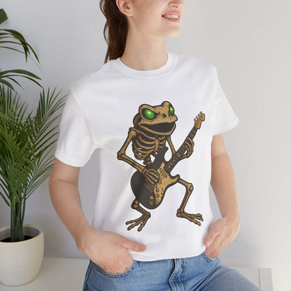 Skeleton Frog Shredding Electric Guitar Tee - Glowing Green Eyes Rock Art Shirt for Musicians Frog Lovers and Gothic Punk Style