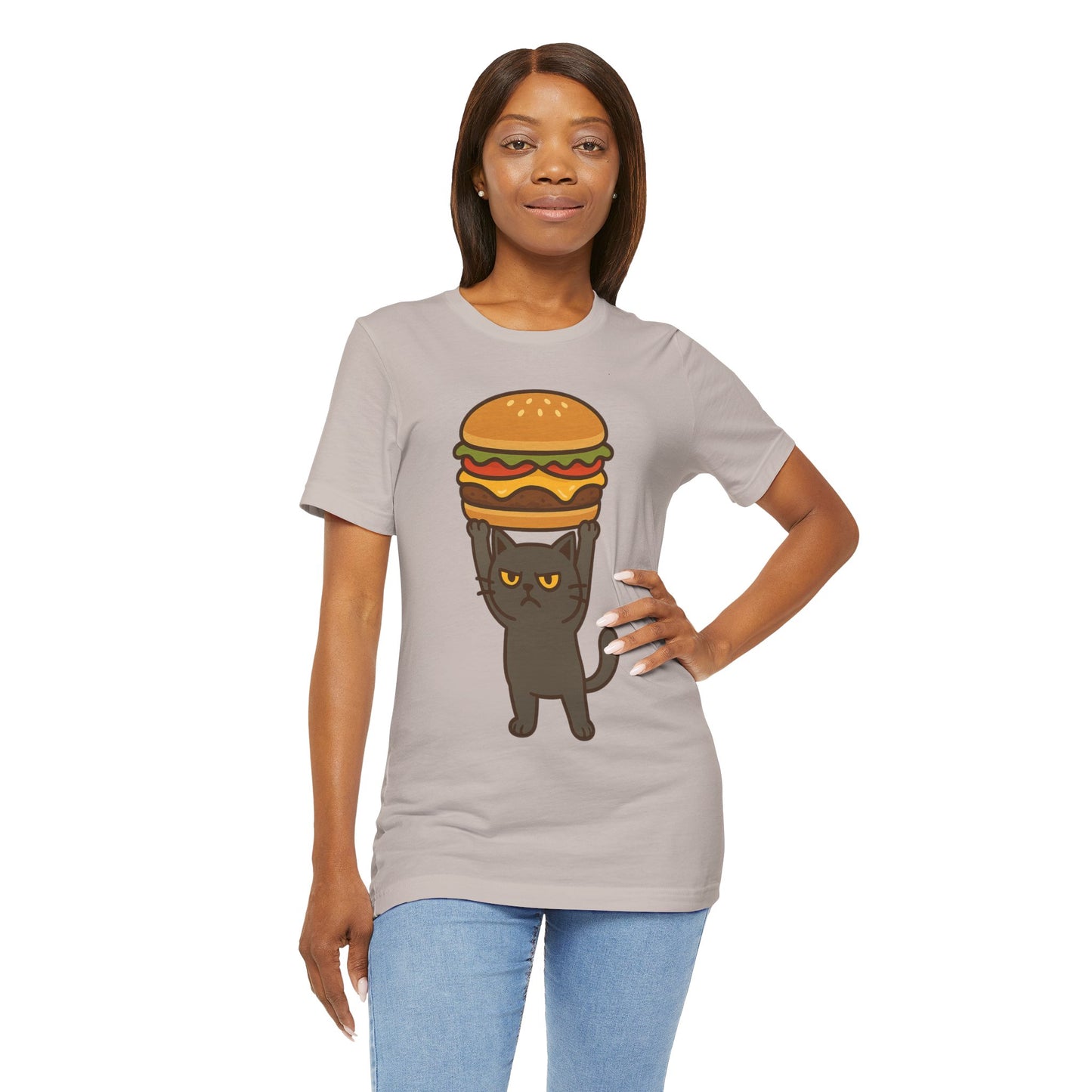 "Hanba-nyaa~" Cute Japanese Cat T-Shirt – Funny Burger & Cat Design – Kawaii Style Unisex Tee – Gift for Food & Cat Lovers