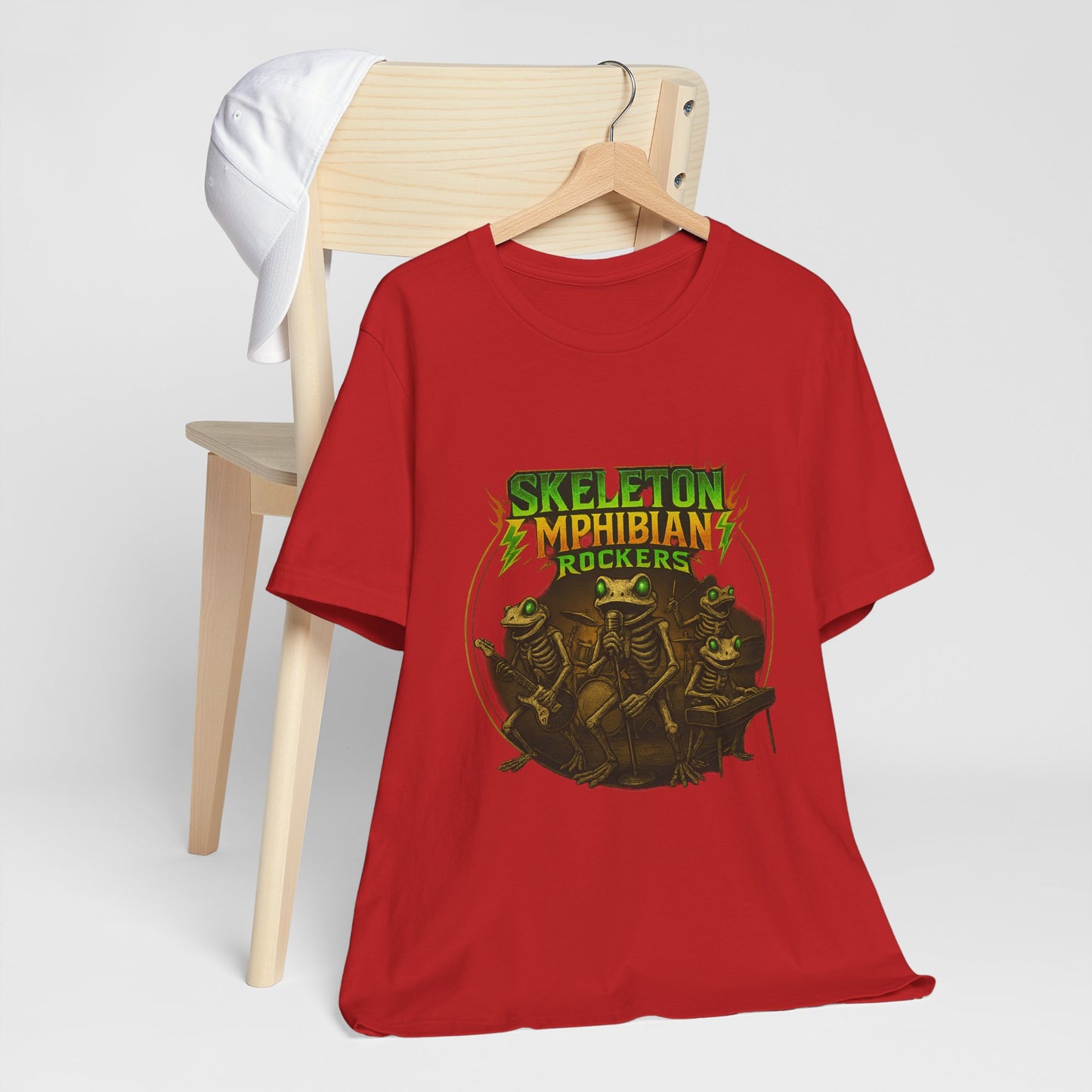 Skeleton Amphibian Rockers Album Cover Tee - Green Eyed Skeleton Frog Band Vocal Guitar Piano Drums Rock Art Shirt