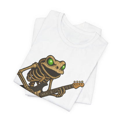 Skeleton Frog Shredding Electric Guitar Tee - Glowing Green Eyes Rock Art Shirt for Musicians Frog Lovers and Gothic Punk Style