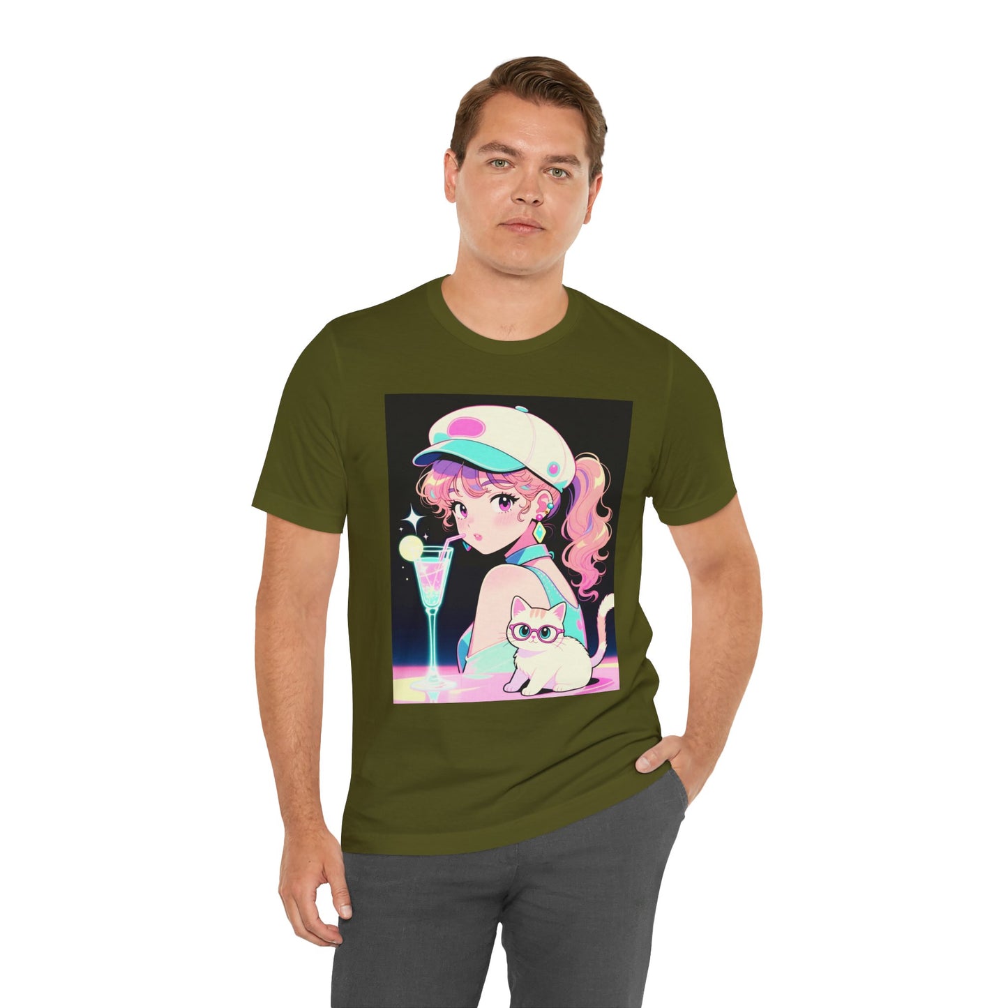 Retro Girl and Cat T Shirt Vaporwave Pastel Anime Shoujo Graphic Tee Neon Cocktail Aesthetic Kawaii Gift for Daughter or Dad Casual Streetwear