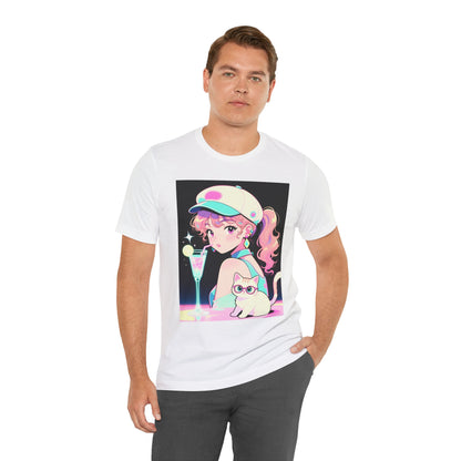 Retro Girl and Cat T Shirt Vaporwave Pastel Anime Shoujo Graphic Tee Neon Cocktail Aesthetic Kawaii Gift for Daughter or Dad Casual Streetwear