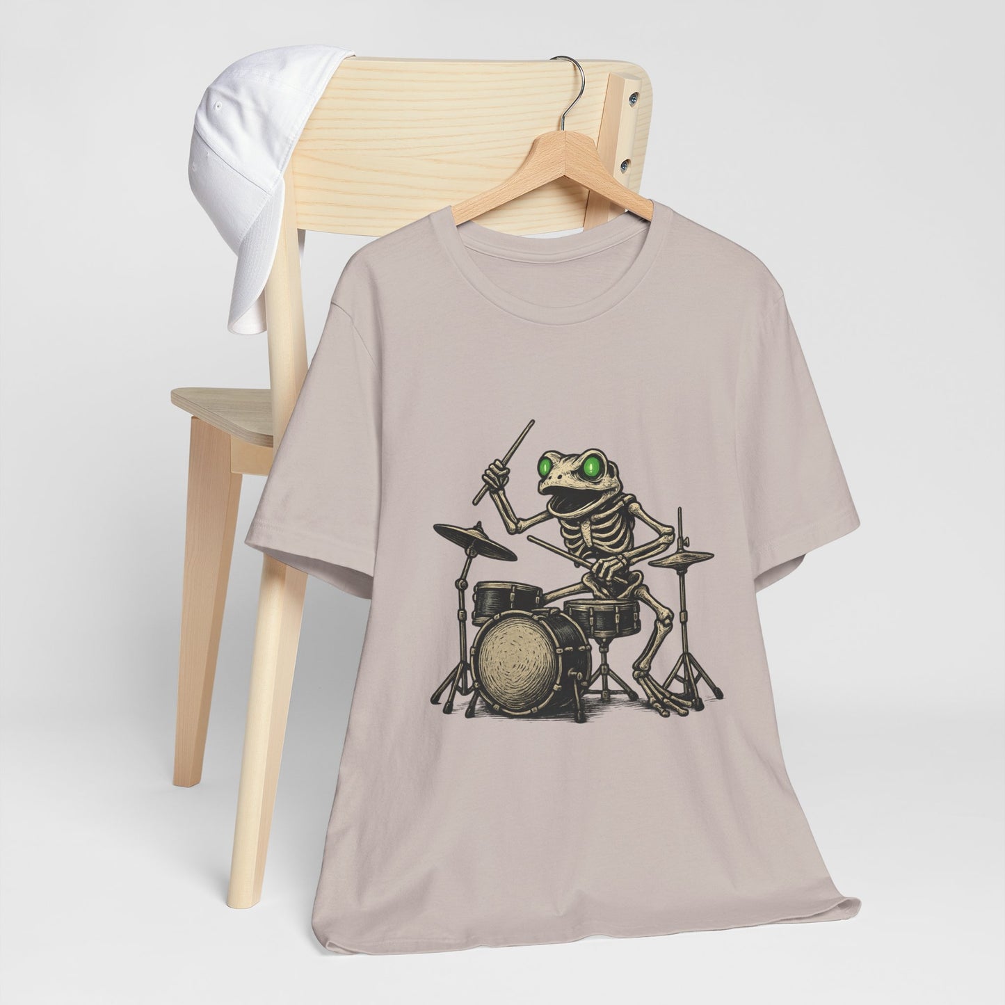 Skeleton Frog Drummer Shirt with Glowing Green Eyes Rock Band Art Tee for Musicians Frog Lovers Halloween and Concert Wear