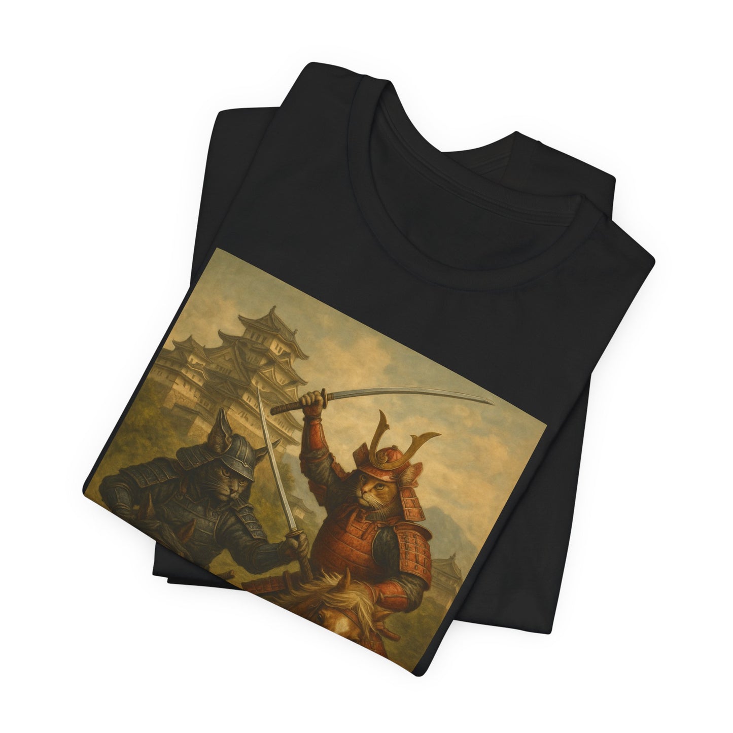 Epic Cat Samurai Battle Tee - War Horses Clash in Front of Japanese Castle  Feline Warrior Art Shirt for Fantasy & Japan Lovers