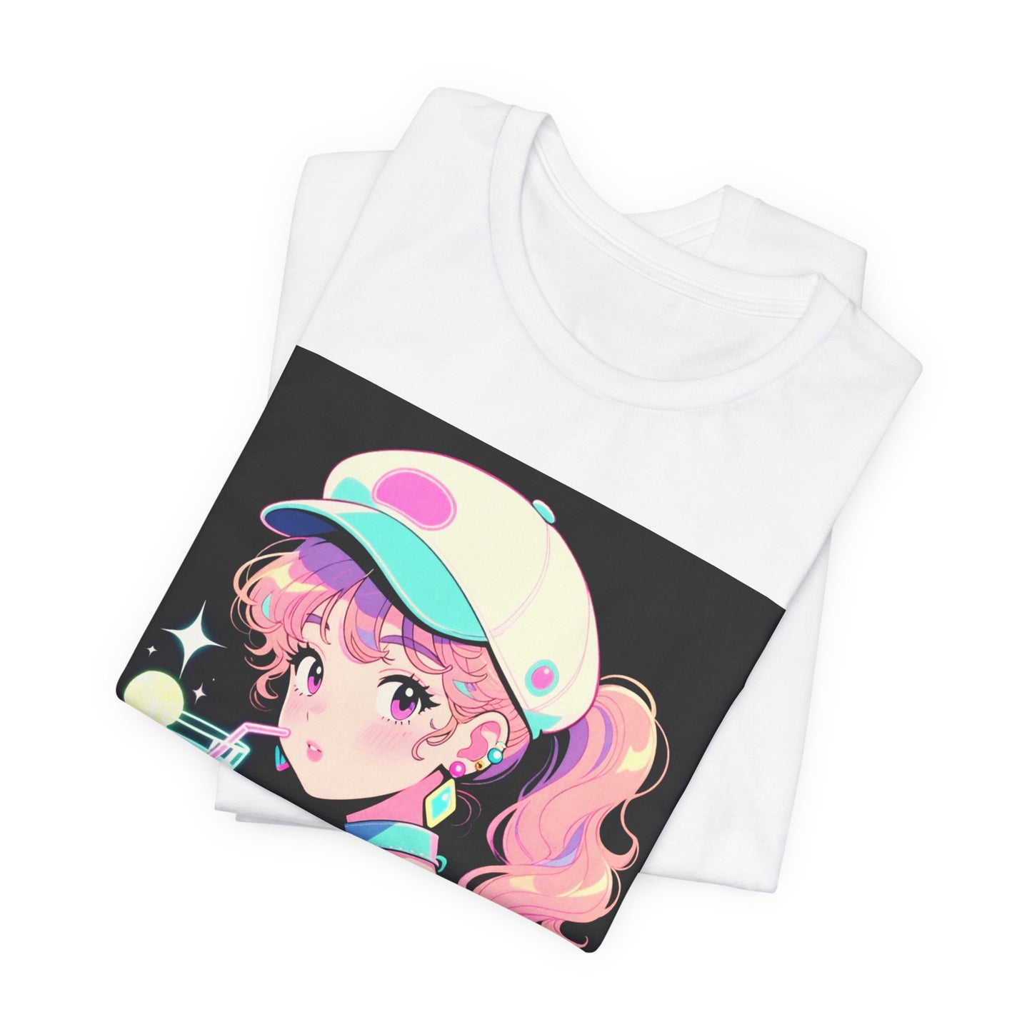 Retro Girl and Cat T Shirt Vaporwave Pastel Anime Shoujo Graphic Tee Neon Cocktail Aesthetic Kawaii Gift for Daughter or Dad Casual Streetwear