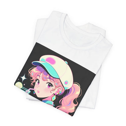 Retro Girl and Cat T Shirt Vaporwave Pastel Anime Shoujo Graphic Tee Neon Cocktail Aesthetic Kawaii Gift for Daughter or Dad Casual Streetwear