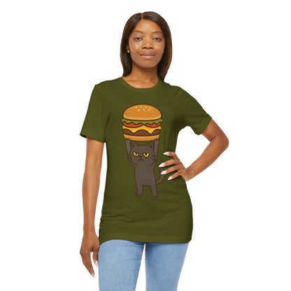 "Hanba-nyaa~" Cute Japanese Cat T-Shirt – Funny Burger & Cat Design – Kawaii Style Unisex Tee – Gift for Food & Cat Lovers