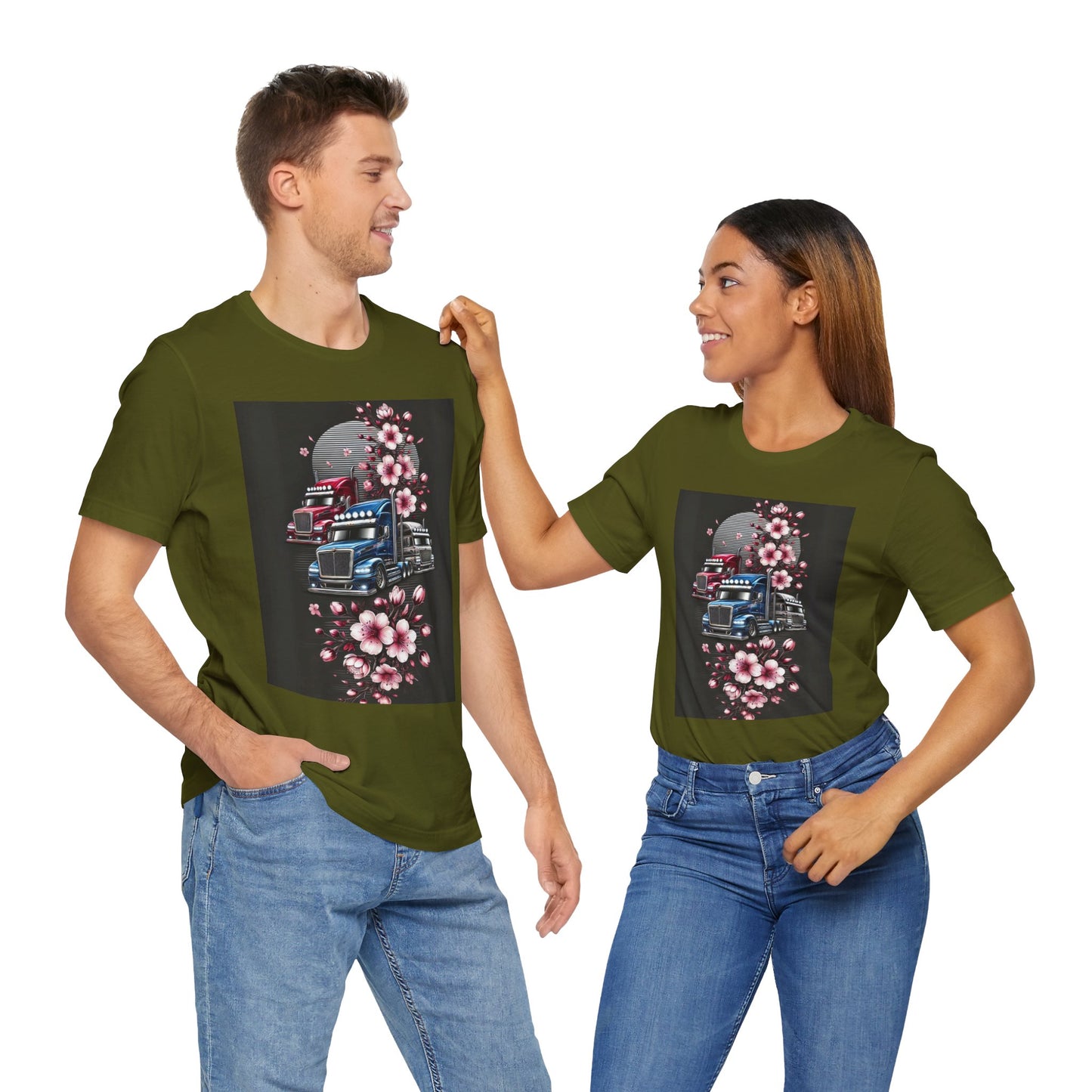 Cherry Blossom Convoy T-Shirt | Japanese Sakura x Modern Truck Art | Unique Graphic Tee for Drivers & Streetwear Lovers No.005