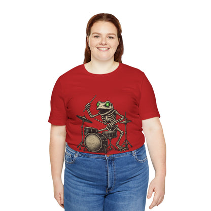 Skeleton Frog Drummer Shirt with Glowing Green Eyes Rock Band Art Tee for Musicians Frog Lovers Halloween and Concert Wear