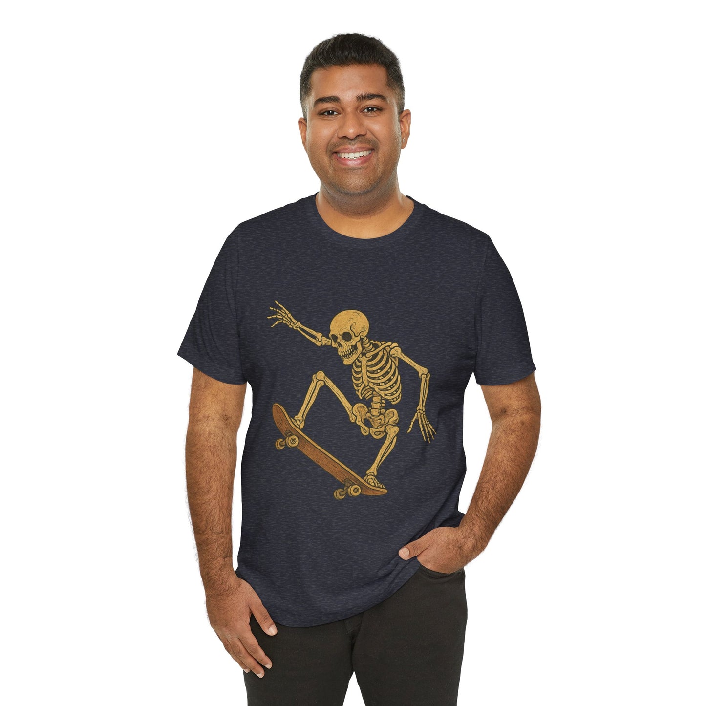 Skater Skeleton Graphic Tee for Adults - Vintage-Style Skeleton Skateboarding Shirt - Edgy Streetwear T-Shirt for Skaters and Art Lovers