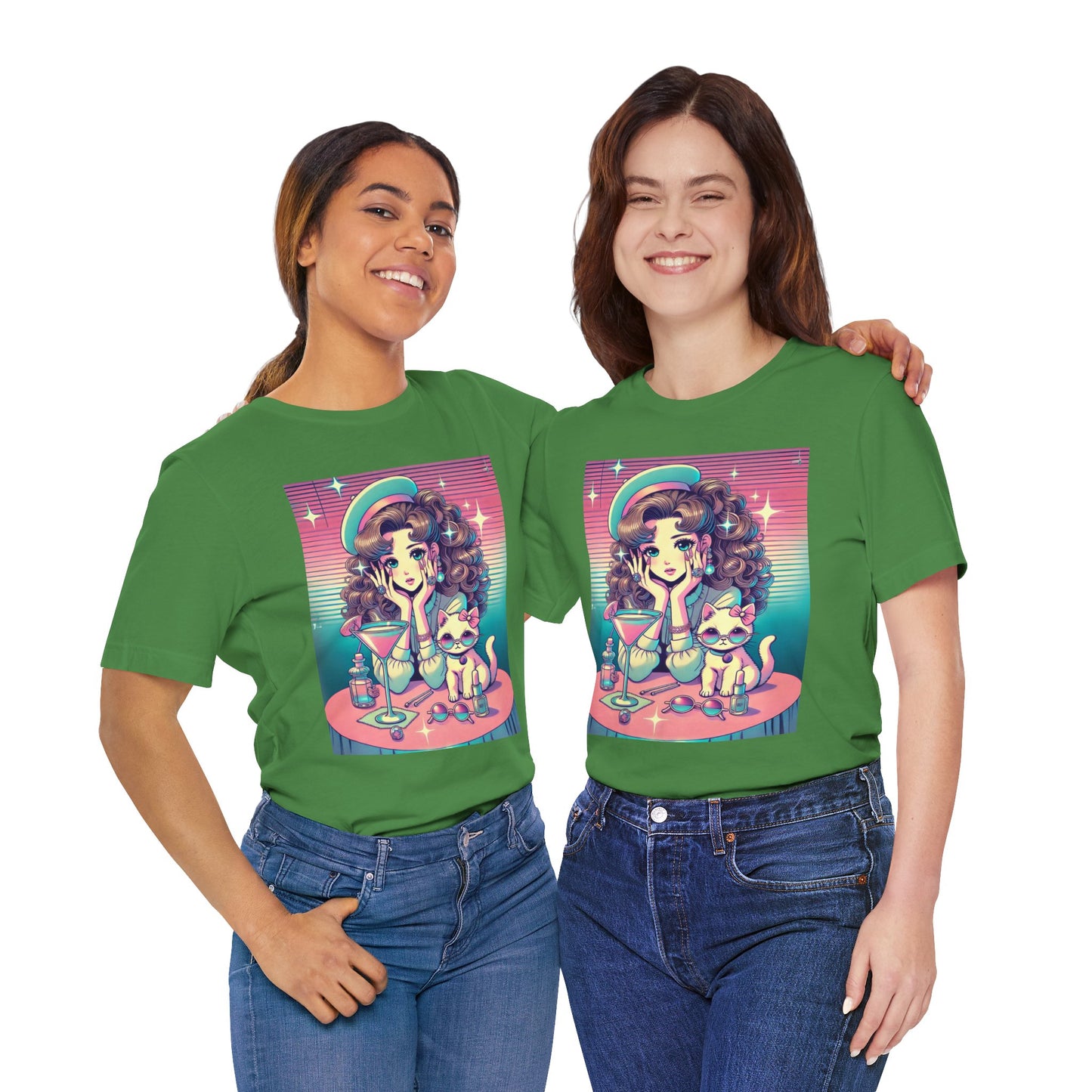 Retro Girl and Cat Graphic Tee Vaporwave Pastel Aesthetic Cocktail Lounge 80s Inspired Shoujo Style T Shirt Gift for Daughter or Dad