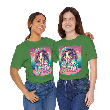 Retro Girl and Cat Graphic Tee Vaporwave Pastel Aesthetic Cocktail Lounge 80s Inspired Shoujo Style T Shirt Gift for Daughter or Dad