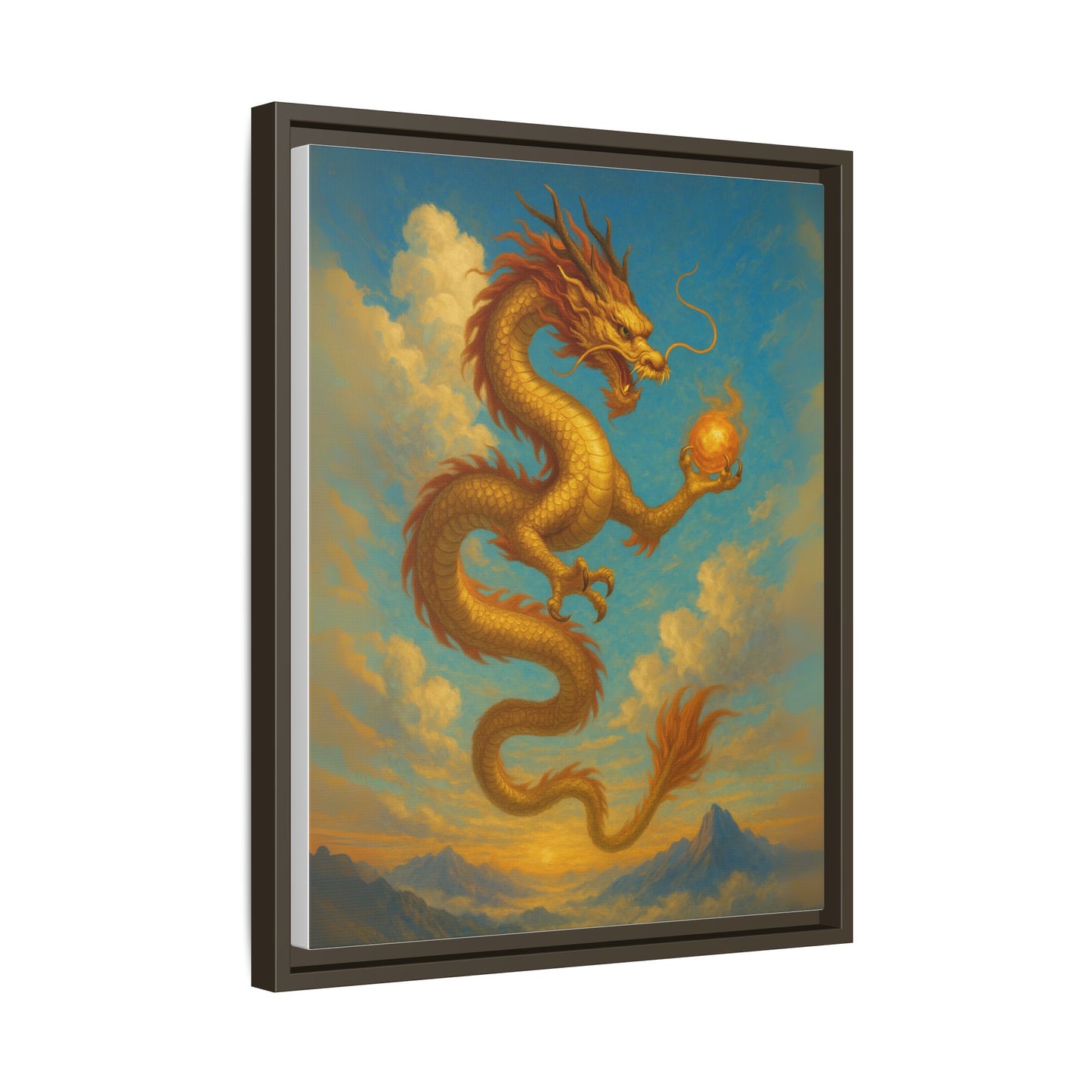 Golden Dragon Canvas Feng Shui Wall Art Asian Myth Painting Sky Cloud Mountain Good Luck Decor Gift for Dad Living Room Office