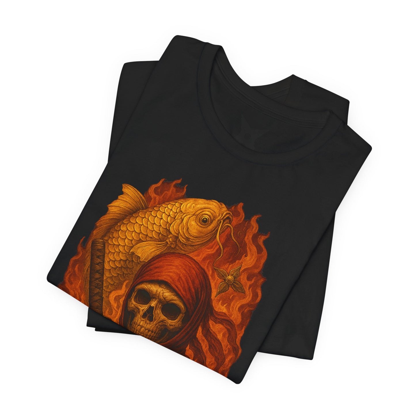 i, High-Detail Gothic Warrior TeDark Red Ninja Skull T-Shirt-Japanese Horror Art, Skeleton Ninja with Golden Koe, Unisex Streetwear