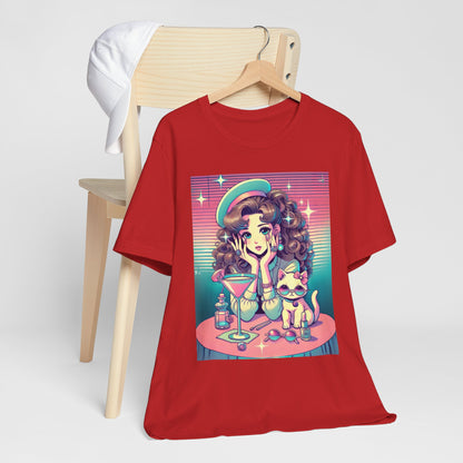 Retro Girl and Cat Graphic Tee Vaporwave Pastel Aesthetic Cocktail Lounge 80s Inspired Shoujo Style T Shirt Gift for Daughter or Dad