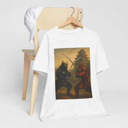 Epic Cat Samurai Battle Tee - War Horses Clash in Front of Japanese Castle  Feline Warrior Art Shirt for Fantasy & Japan Lovers
