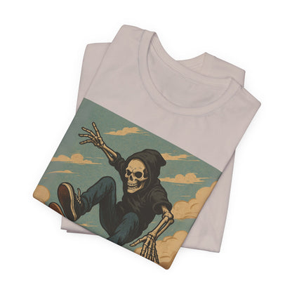 Skater Skeleton Hoodie Graphic Tee - Bold Comic Art Shirt for Men and Women - Colorful Streetwear T-Shirt for Skull and Skate Lovers