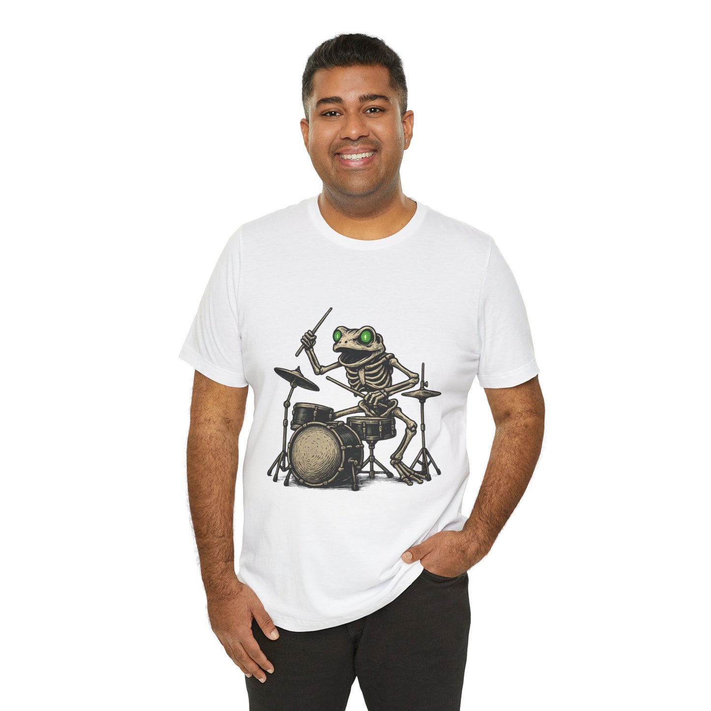 Skeleton Frog Drummer Shirt with Glowing Green Eyes Rock Band Art Tee for Musicians Frog Lovers Halloween and Concert Wear