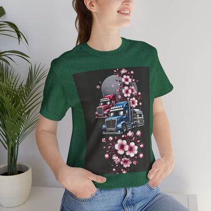 Cherry Blossom Convoy T-Shirt | Japanese Sakura x Modern Truck Art | Unique Graphic Tee for Drivers & Streetwear Lovers No.005