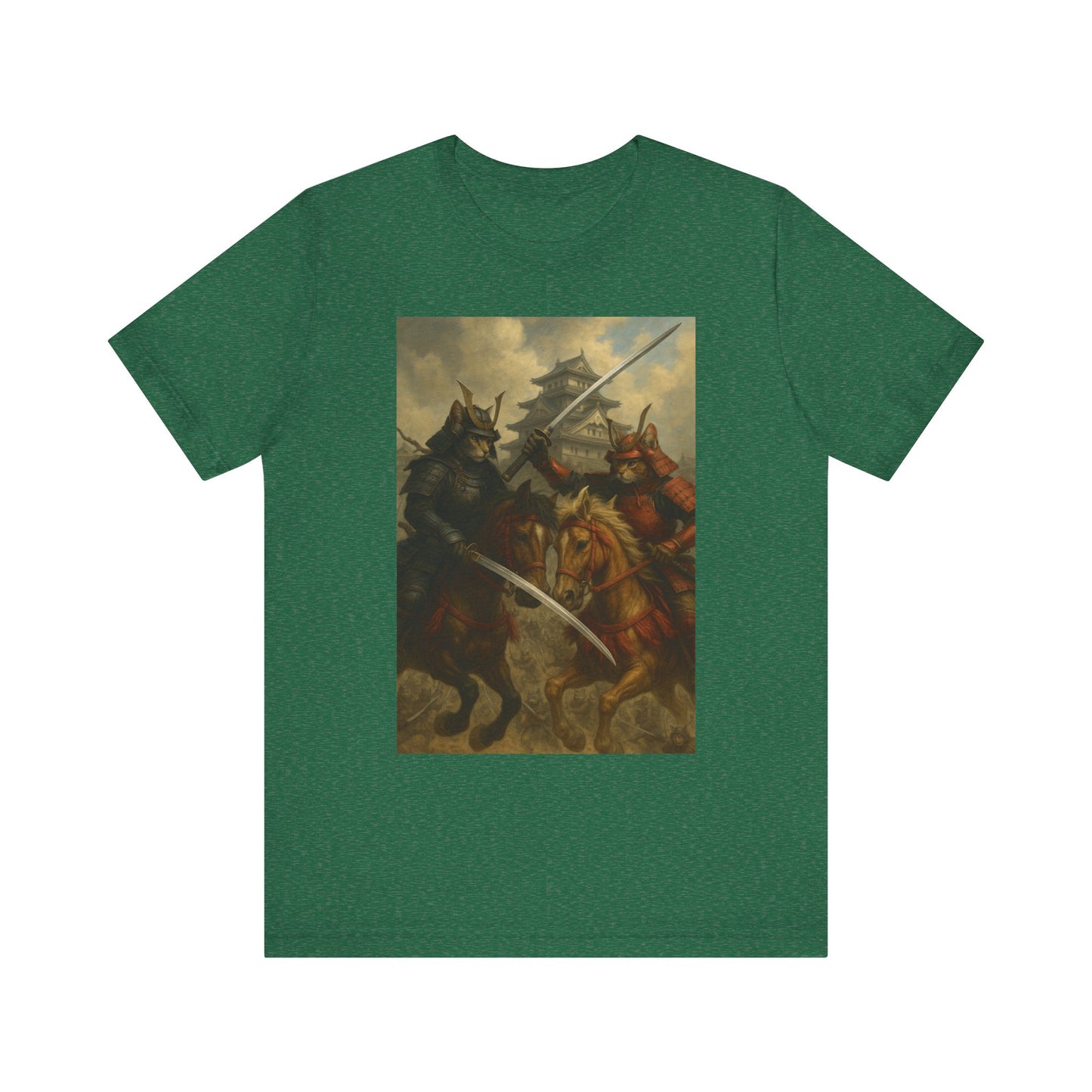 Epic Cat Samurai Battle Tee - War Horses Clash in Front of Japanese Castle  Feline Warrior Art Shirt for Fantasy & Japan Lovers