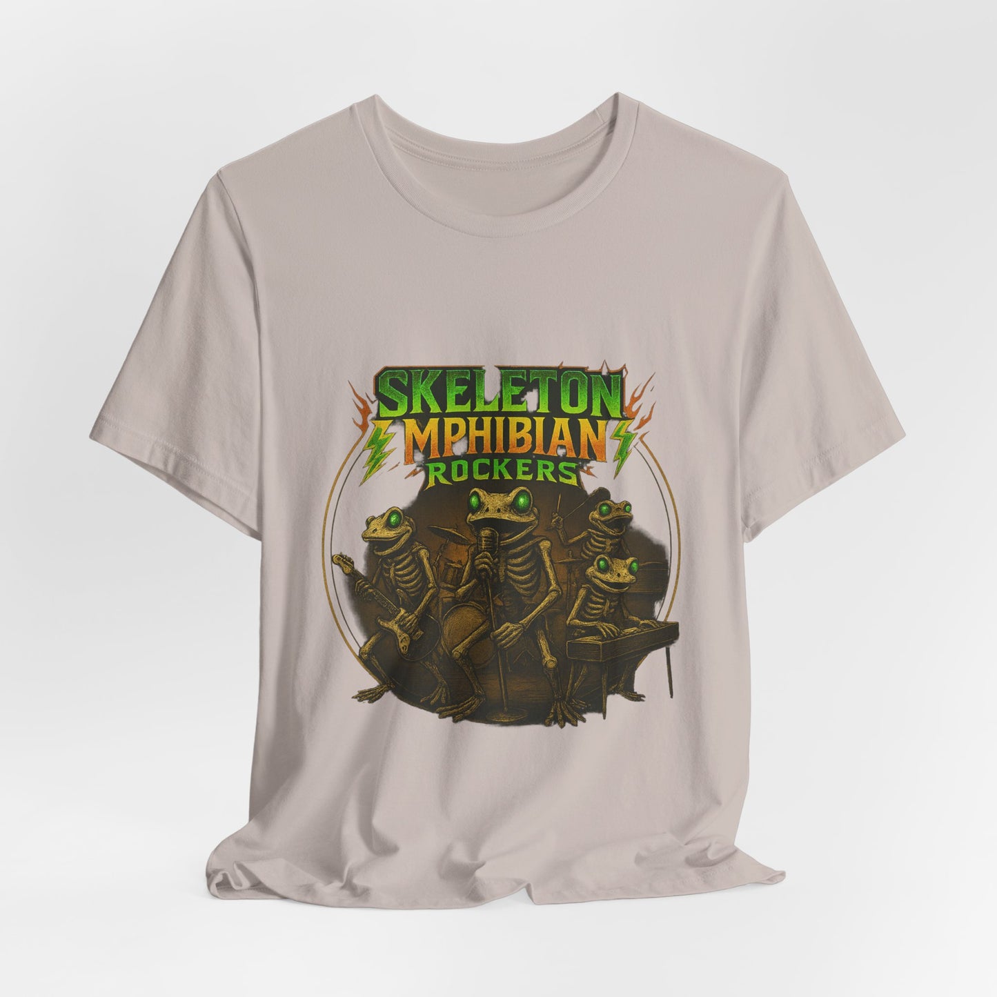 Skeleton Amphibian Rockers Album Cover Tee - Green Eyed Skeleton Frog Band Vocal Guitar Piano Drums Rock Art Shirt