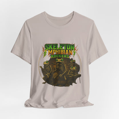 Skeleton Amphibian Rockers Album Cover Tee - Green Eyed Skeleton Frog Band Vocal Guitar Piano Drums Rock Art Shirt