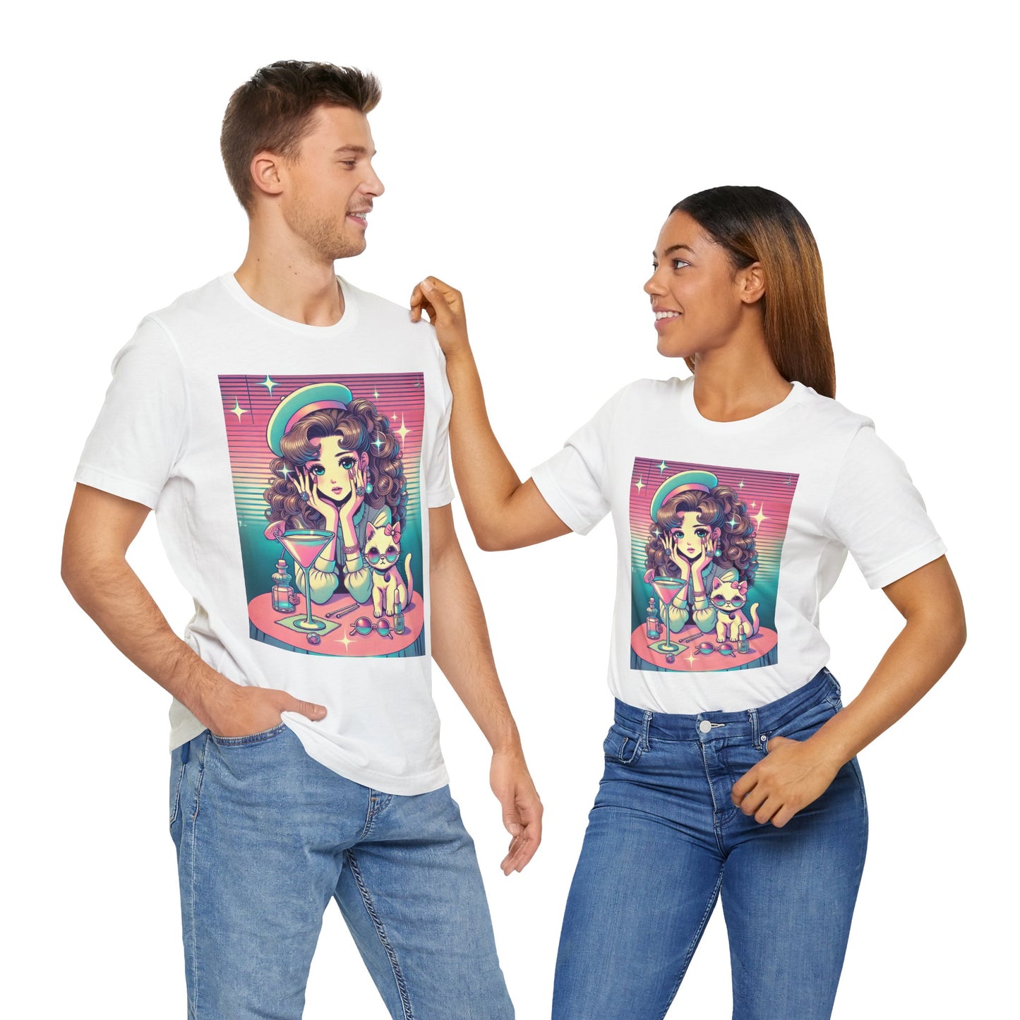 Retro Girl and Cat Graphic Tee Vaporwave Pastel Aesthetic Cocktail Lounge 80s Inspired Shoujo Style T Shirt Gift for Daughter or Dad