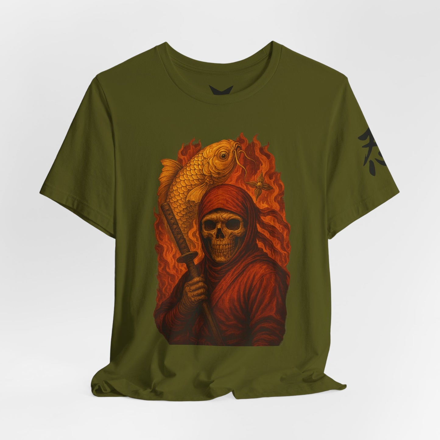 i, High-Detail Gothic Warrior TeDark Red Ninja Skull T-Shirt-Japanese Horror Art, Skeleton Ninja with Golden Koe, Unisex Streetwear