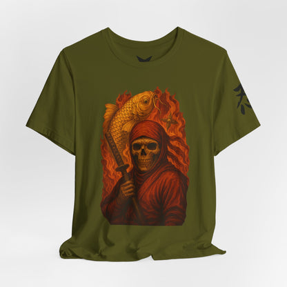 i, High-Detail Gothic Warrior TeDark Red Ninja Skull T-Shirt-Japanese Horror Art, Skeleton Ninja with Golden Koe, Unisex Streetwear