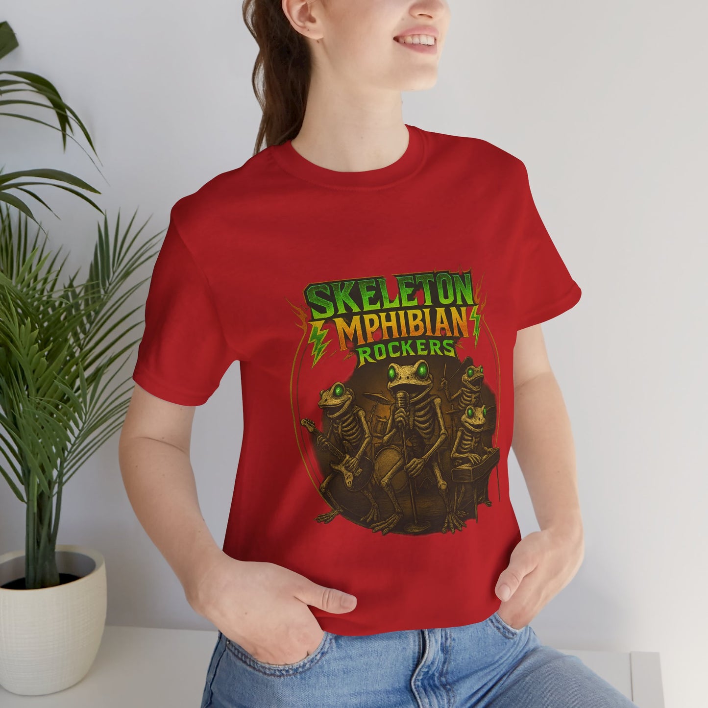 Skeleton Amphibian Rockers Album Cover Tee - Green Eyed Skeleton Frog Band Vocal Guitar Piano Drums Rock Art Shirt