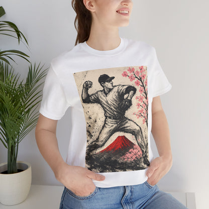 Pro Baseball Pitcher Sumi Ink Art Shirt Fuji Sakura Retro Japanese Print Windup Fastball Tee Japan Inspired Sports Art Gift for Dad