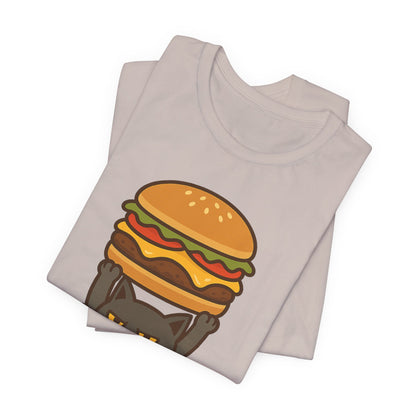 "Hanba-nyaa~" Cute Japanese Cat T-Shirt – Funny Burger & Cat Design – Kawaii Style Unisex Tee – Gift for Food & Cat Lovers