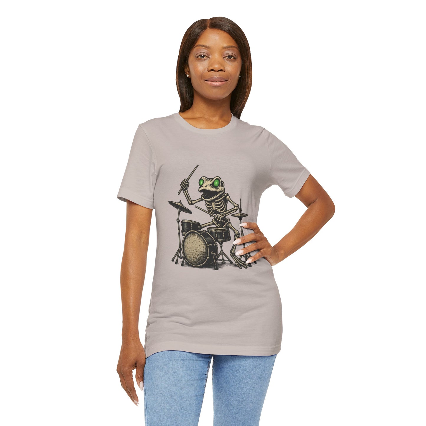 Skeleton Frog Drummer Shirt with Glowing Green Eyes Rock Band Art Tee for Musicians Frog Lovers Halloween and Concert Wear