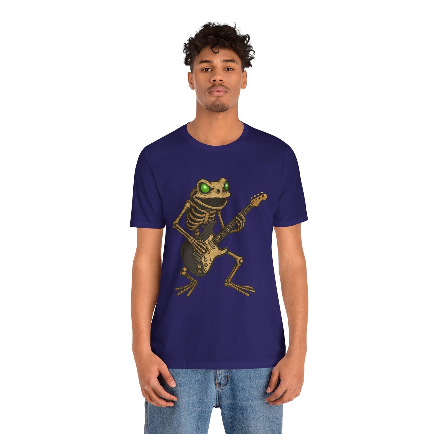 Skeleton Frog Shredding Electric Guitar Tee - Glowing Green Eyes Rock Art Shirt for Musicians Frog Lovers and Gothic Punk Style