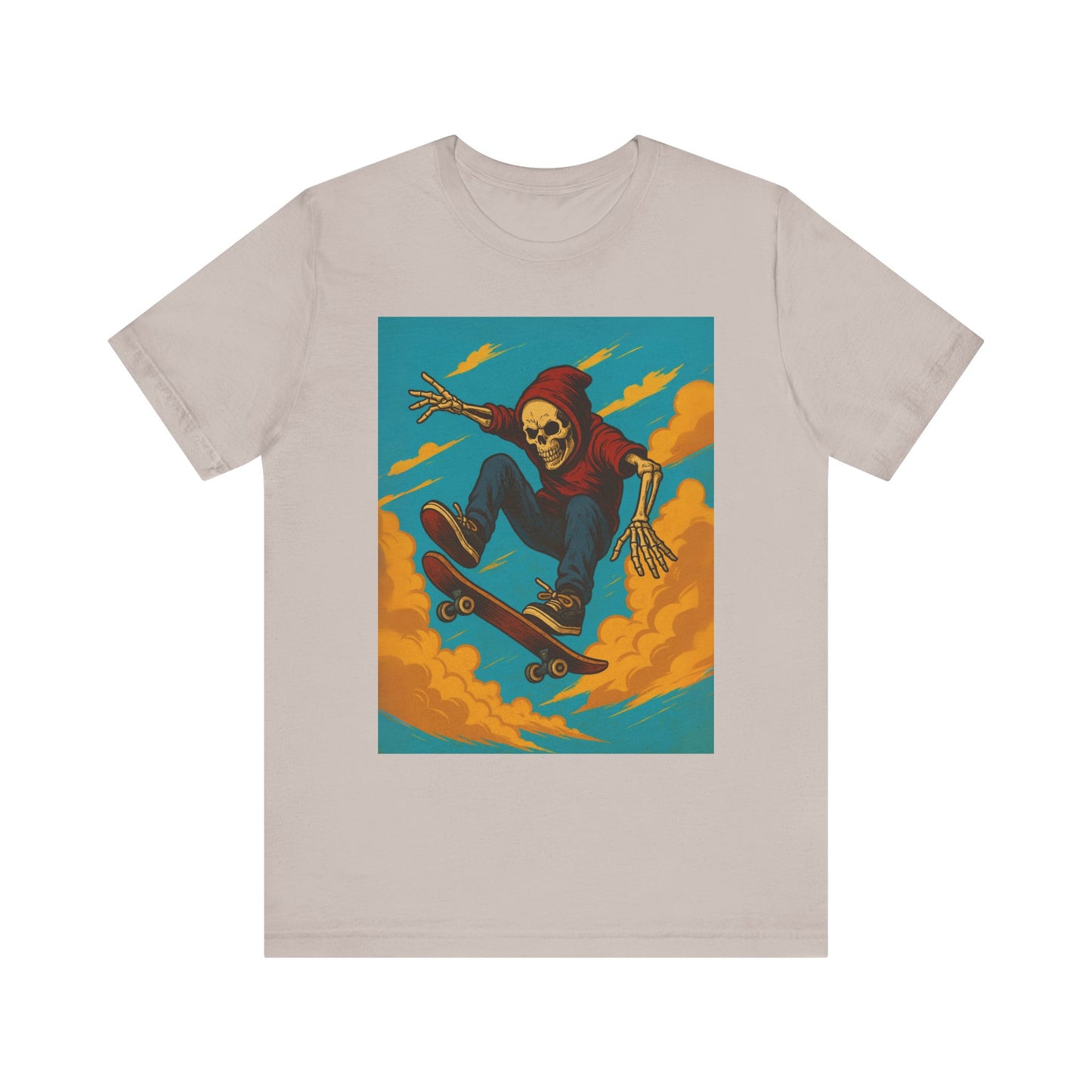 Skater Skeleton Hoodie Graphic Tee - Bold Comic Art Shirt for Men and Women - Colorful Streetwear T-Shirt for Skull and Skate Lovers