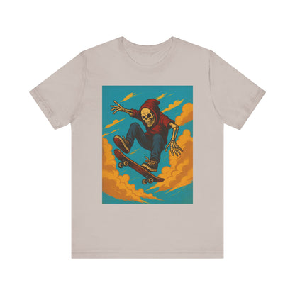 Skater Skeleton Hoodie Graphic Tee - Bold Comic Art Shirt for Men and Women - Colorful Streetwear T-Shirt for Skull and Skate Lovers