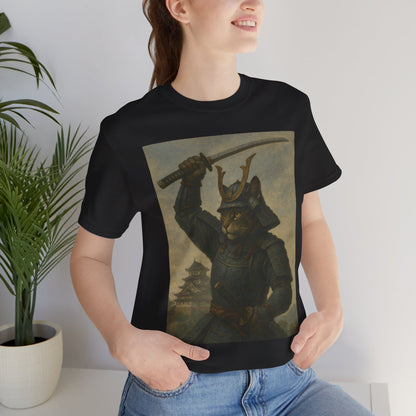 Cat Samurai Strike Tee | Epic Armored Feline Raising Katana | Japanese Warrior Art Unisex Shirt