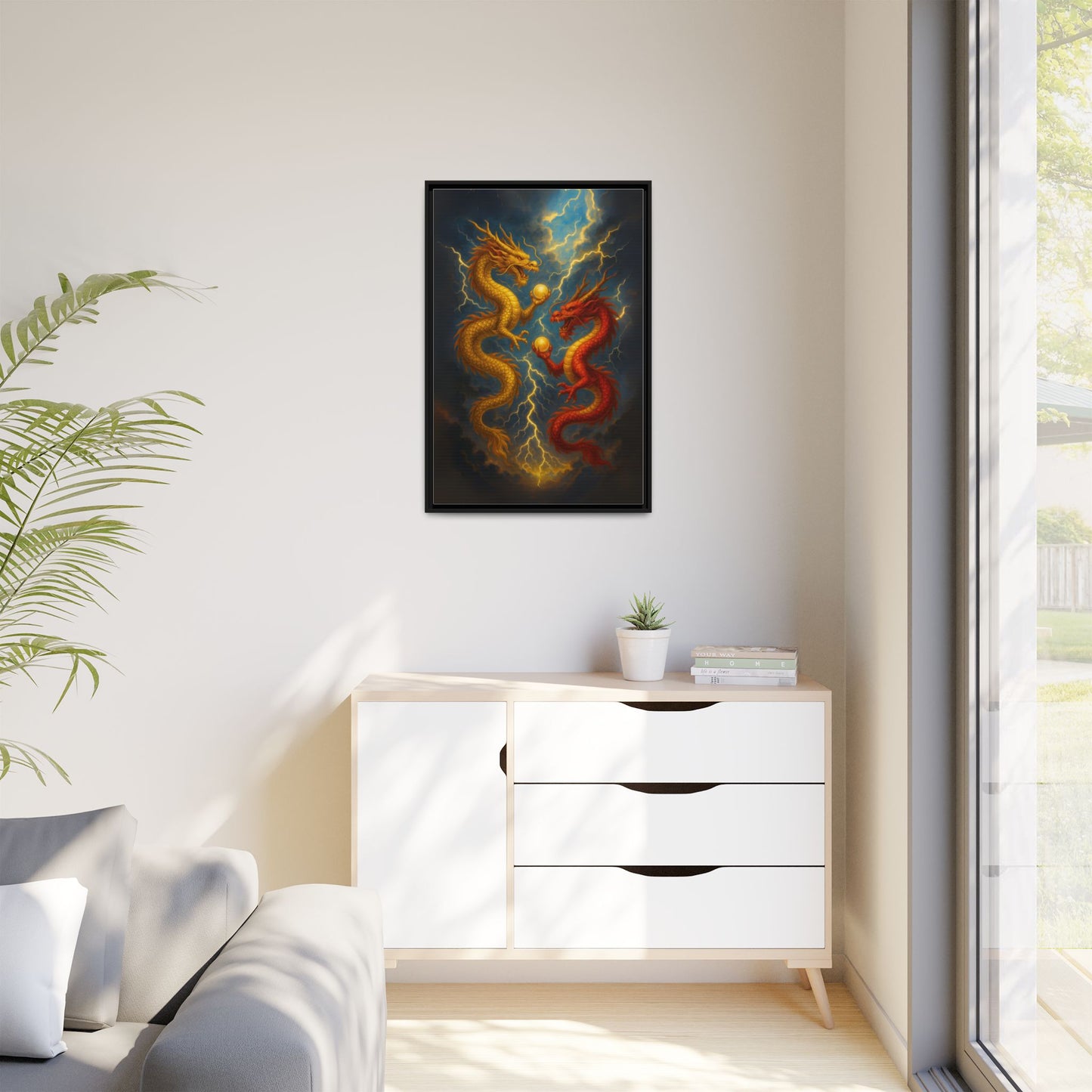Golden and Red Twin Dragons Canvas Feng Shui Wall Art Lightning Storm Dragon Pearl Good Luck Decor Gift for Dad Living Room